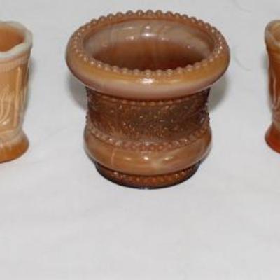 Joe St. Clair Slag Glass: Wheel Barrel Salt Cellar/Cache Pot (2 ea), Cactus Toothpick Holder (2 ea.) and Holly Pattern Urn Toothpick Holder