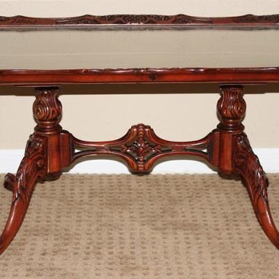 Vintage Ornately Carved Claw Foot Cherry Coffee Table with Glass Insert Top (36