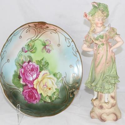C.T. Altwasser Germany 12" Hand Pained Roses Plate shown with 15" Porcelain Bisque Lady Figurine