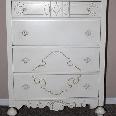 Depression Era White with Gold 4 piece Bedroom Suite: Highboy Chest