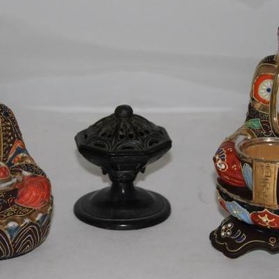 Moriage Made in Japan Porcelain Hand Painted/Enameled w/Gold Buddha Incense Burner (6" & 7") and Old Cast Iron  Pedestal...