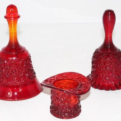 Fenton Glass Co. Amberina Red "Daisy & Button" Bell (7"), Ruby Red "Daisy & Button" Crimped Edge Beehive...