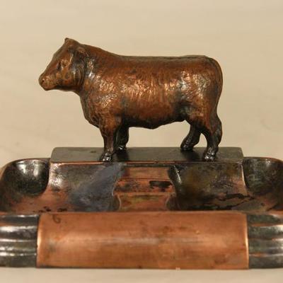 Pfaelzer Brothers Chicago Ill. America's Finest Meats and Poultry Advertising Bronze Finish Metal Ashtray with Cow Figure (6.5"...