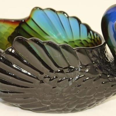Summit Vogelsong Art Glass Green/Amber/Cobalt Open Swan