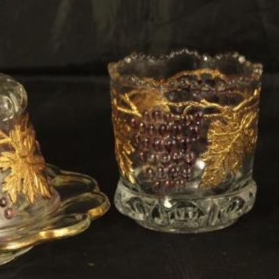 Northwood "Grape and Cable":  Gold Trim Purple Stained Grapes Butter Dish and Open Sugar & Creamer
