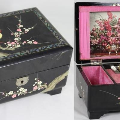 Hand Painted Oriental Black Lacquer Musical Jewelry Box