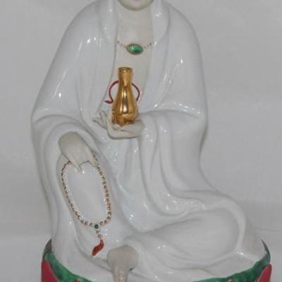 Guan Yin "Goddess of Mercy" Seated on Lotus Blossom Hand Painted Porcelain Figurine (10"H x 5"W x 4"D)