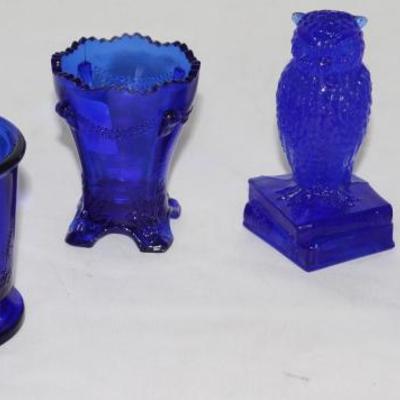 Degenhart (1947-1978) Cobalt Blue Glass:  Miniature Bird Mug  "Colonial Drape" Toothpick Holder, "Wise Owl"...