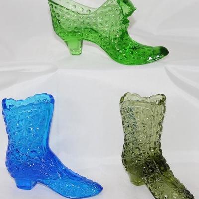 Fenton Glass Co. "Hobnail" Green Cat in Shoe and "Daisy and Button" Blue and Green Boot