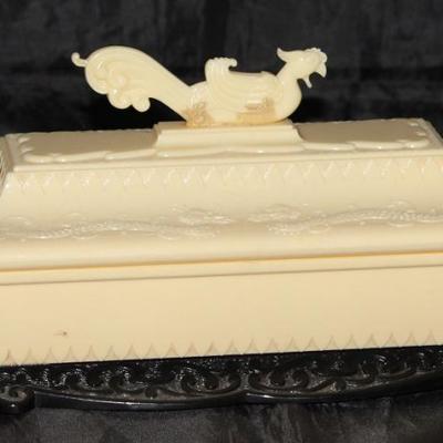 Vintage Oriental Plastic Black Base White Vanity Box with Lid