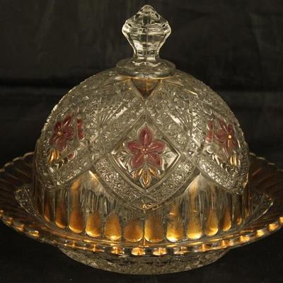 Northwood Early American Pressed Glass Gold Trim Round Dome Butter Dish with Pink Stained Flowers 