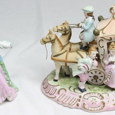 Occupied Japan Porcelain Seated Lady 5" Figurine and Japan Porcelain Bisque Colonial Couple with Coach Figurine (6"H x 7"W) 