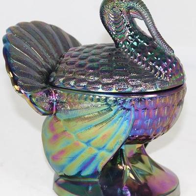 Smith Glass Company Amethyst Carnival Glass Covered Standing Turkey Dish