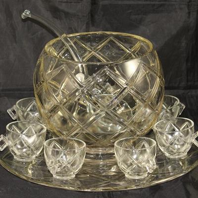 Vintage Diamond Lattice Design Crystal Punch Bowl, Glass Ladle, Cups and Under Plate/Buffet Tray