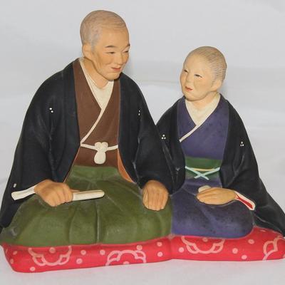 Hakata Urasahi Hand Painted Ceramic Figurine, Seated/Kneeling Man & Woman (8.5"L x  5"W x 7"H) Made in Japan