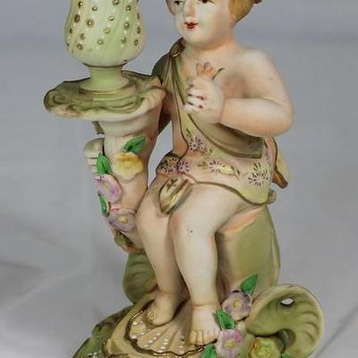 Occupied Japan Bisque Porcelain Cherub Candlestick Holder (7 1/4"H)