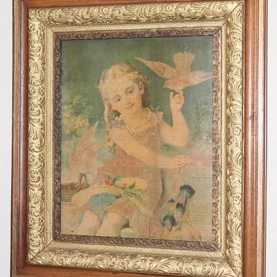 Antique Oak and Gold Gilt 6" Frame  with a Chromolithograph Print, Young Girl with Pigeons  (1890-1910)  (overall 26" x 30")