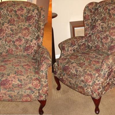 Vintage Rose Upholstery Wing-Back Easy Chair with Queen Anne Legs.  (View of front & side)