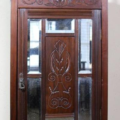 English Antique Oak Music Cabinet with Incised Carved Center Panel with Bevel Mirror Panels Door and Raised Back Splash with Shelf....