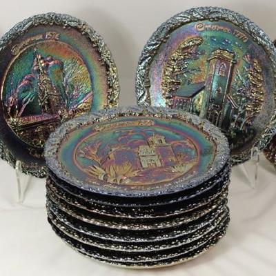 Fenton Glass Co. Christmas In America Series (Churches) Amethyst Carnival Glass Plates (1970-1981)