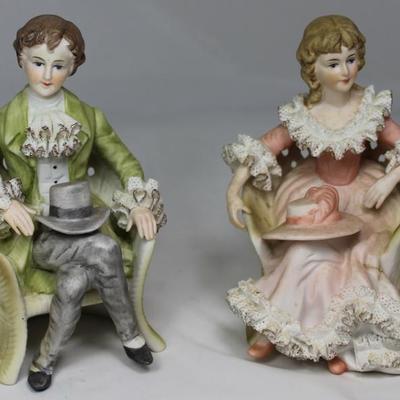 Vintage Porcelain Bisque Pair seated man and woman Figurines with Lace Trim Customs  