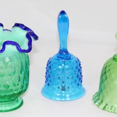 Fenton Glass Co.:   "Thumbprint" Green Cobalt Crest Opalescent 5" Vase,  Colonial Blue Hobnail Bell, "Threaded...