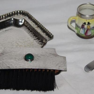 Antique Hammered Silver "Silent Butler" Crumb Tray & Brush with Cabochon Green Stone,  Antique Miniature Loving Cup London...