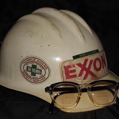 Vintage Exxon Hard Hat with Humble Award Safety Sticker  and a pair Safety Glasses