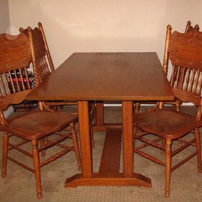 Antique Oak Spindle & Pressed Back Side Chairs (Set of 4)  Shown with Oak Trestle Base Rectangular Dining Table