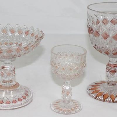 Antique Pattern Glass Goblets Stained "Diamonds"  Compote, Water  and Liqueur Goblet