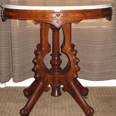 Victorian Marble Top Walnut Oval Parlor Table with Original Casters (29