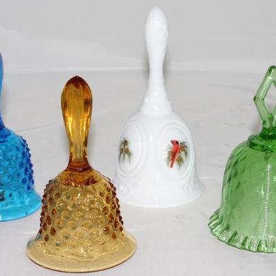 Fenton Glass Co.:  Colonial Blue Hobnail Bell, Amber "Hobnail",  "Winter Cardinals" Milk Glass Bell, "Threaded...
