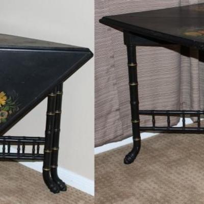 Antique Black Tole Painted Gate Leg Handkerchief Table. Bamboo Carved Design Legs with Gold Trim Accents and Chair Railing Stretchers...