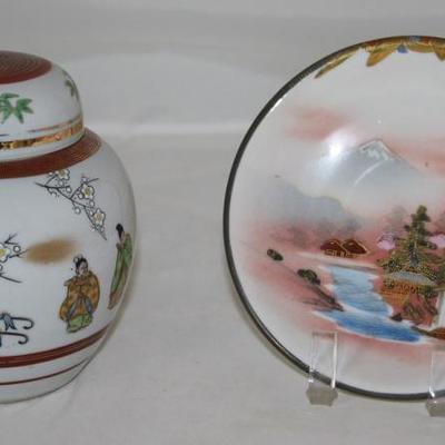 Oriental  Hand-Painted Porcelain Ginger Jar with Stand (not shown) 5"H x 5"D shown with Soko China Hand-Painted Mount Fuji...