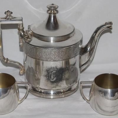 Reed & Barton Antique Silverplate Victorian  Monogram Teapot  and Empire Crafts Quadruple Plate Sugar & Creamer