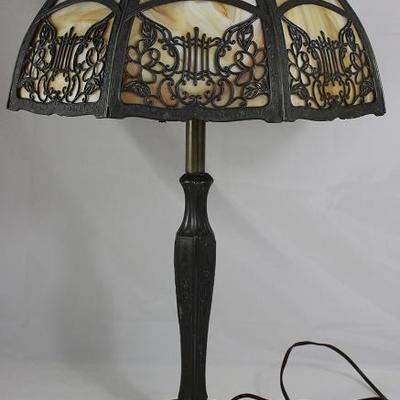 Antique Art Nouveau  Curved Slag Glass 8-Panel Table Lamp
