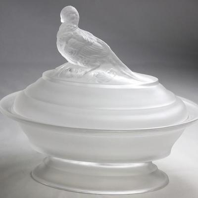 Imperial Glass Atterbury Dove Box #214 Satin Glass Oval Covered Bowl with Footed Base and Bird Finial Lid Circa 1950's