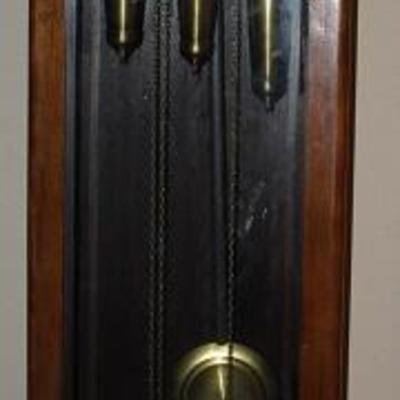 Antique Oak Grandfather Tall Case Clock, Time, Strike & Chime with Brass Weight.
