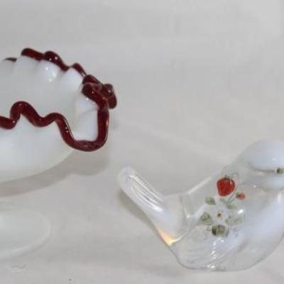 Fenton:  Ruby Crest Ruffle Edge Pedestal Compote,  Hand Painted Opalescent Bird signed by Artist;  Ruby Red "Hobnail" Fairy Lamp 