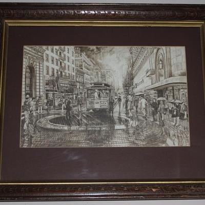"A Rainy Day at Powell & Market" from the San Francisco Series by J A Kendall (1974) Matted and Framed (overall 23"...