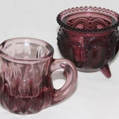 Degenhart (1947-1978): "Gypsy Pot" Pink Pearl and Amethyst Glass, Amethyst Glass Pitcher Toothpick Holder and Pink Pearl...
