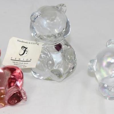 Fenton Glass Co. Birthstone Bear February and September (not shown) and Pink and Satin Glass Reclining Bear Figurine