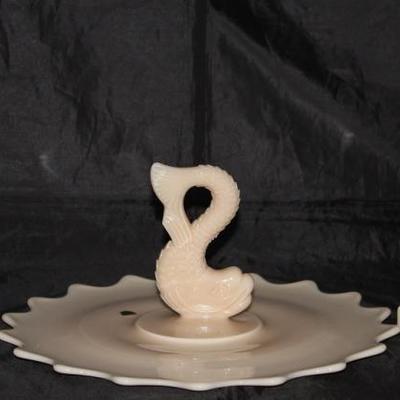 Westmoreland Pink Milk Glass Dolphin Candle sticks and Sandwich Tray