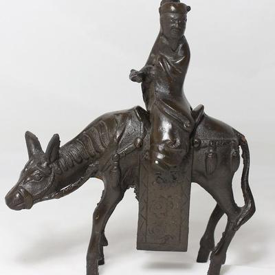 Cast Iron Asian Man on Donkey Incense Burner (8"W x 8.5"H)