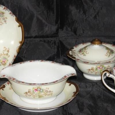 Royal Chester Made in Japan Serving Pieces:  Oval Vegetable Bowl 11", Gravy Boat with Attached Underplate and Creamer & Sugar...