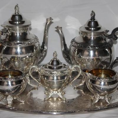 William Rogers & Bros "Exquisite" Silverplate Tea Service:  Oval Tray, Coffee Server, Tea Server, Waste Bowl, Sugar and...