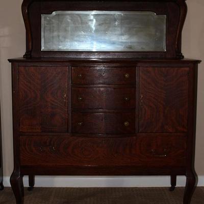 Antique Quarter Sawn Tiger Oak Sideboard Server with Bevel Mirror Splash Back Shelf. 3-Center Bow Front Drawers with Cabinet on either...