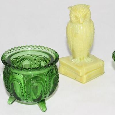 Degenhart Glass (1947-1978): "Wise Owl ", Green Footed "Gypsy Pot" and Green Double Handle Basket Toothpick Holders