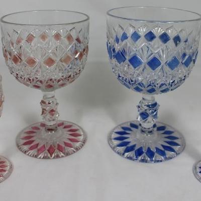 Antique Pattern Glass Goblets Pink and Blue Stained "Diamonds"  Iced Tea and Liqueur 