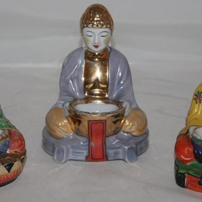 Made in Japan Buddha Porcelain Incense Burners:  Moriage Hand Painted/Enameled Buddha (5"), Shofu Hand Painted (6") and Hand...